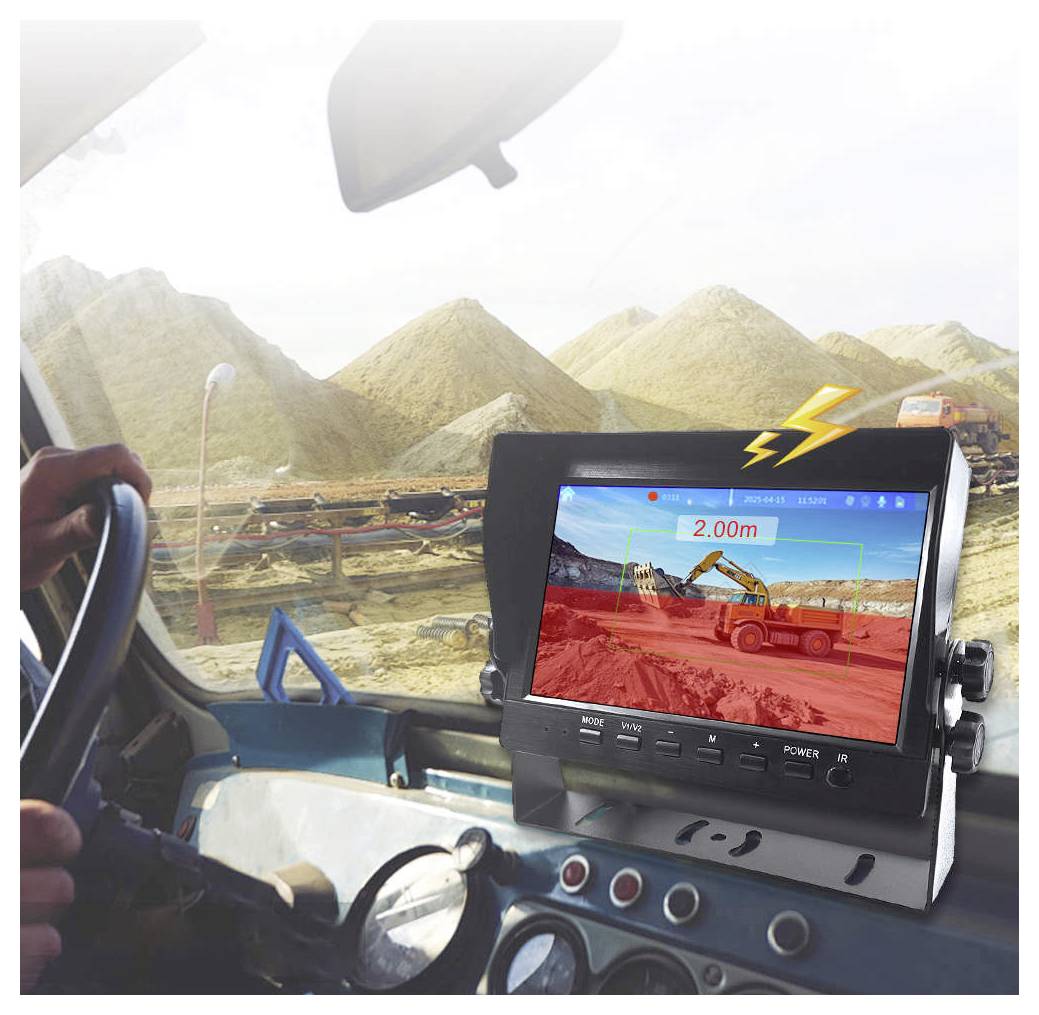 'Heavy machinery proximity warning displayed on screen inside a vehicle cabin at a construction site, showing 2.00m alert distance.'