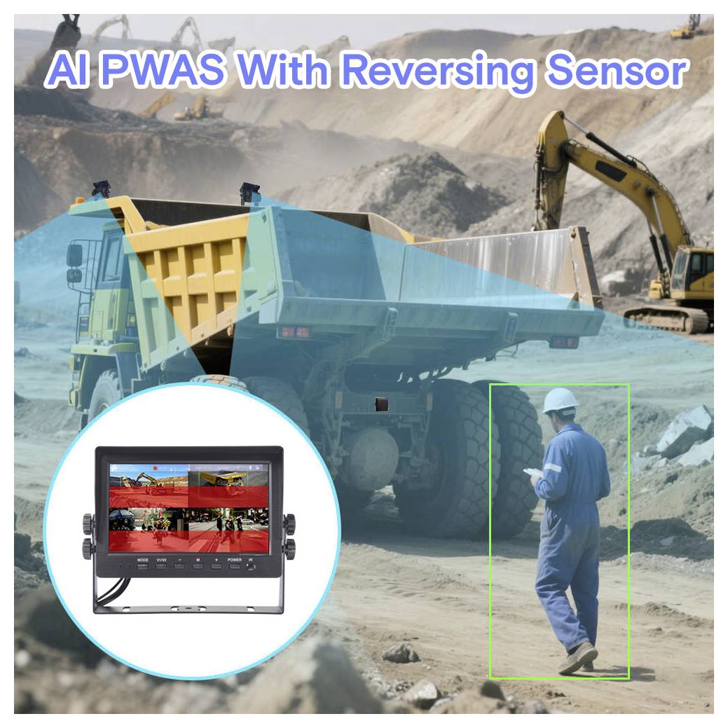 'A construction vehicle with AI technology operates on a site. A worker in a helmet observes. Inset shows a screen displaying the vehicle's view.'
