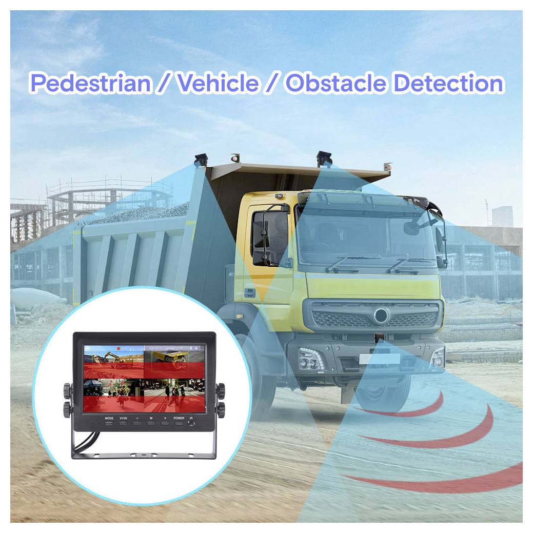'Pedestrian / Vehicle / Obstacle Detection' overlay on an image of a dump truck with a screen showing detection system for safety.