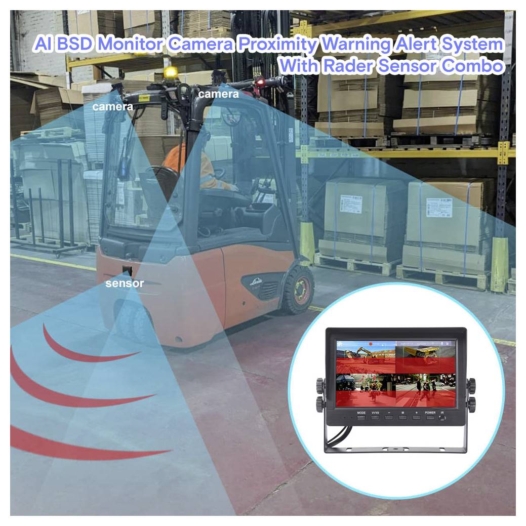 'A forklift equipped with an AI BSD monitor camera and radar sensor system in a warehouse. Overlays show sensor and camera coverage.'