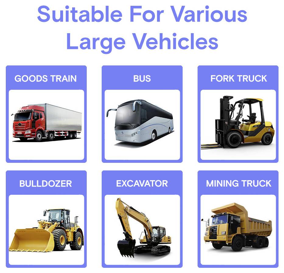 'Suitable For Various Large Vehicles' with images of a goods train, bus, fork truck, bulldozer, excavator, and mining truck.