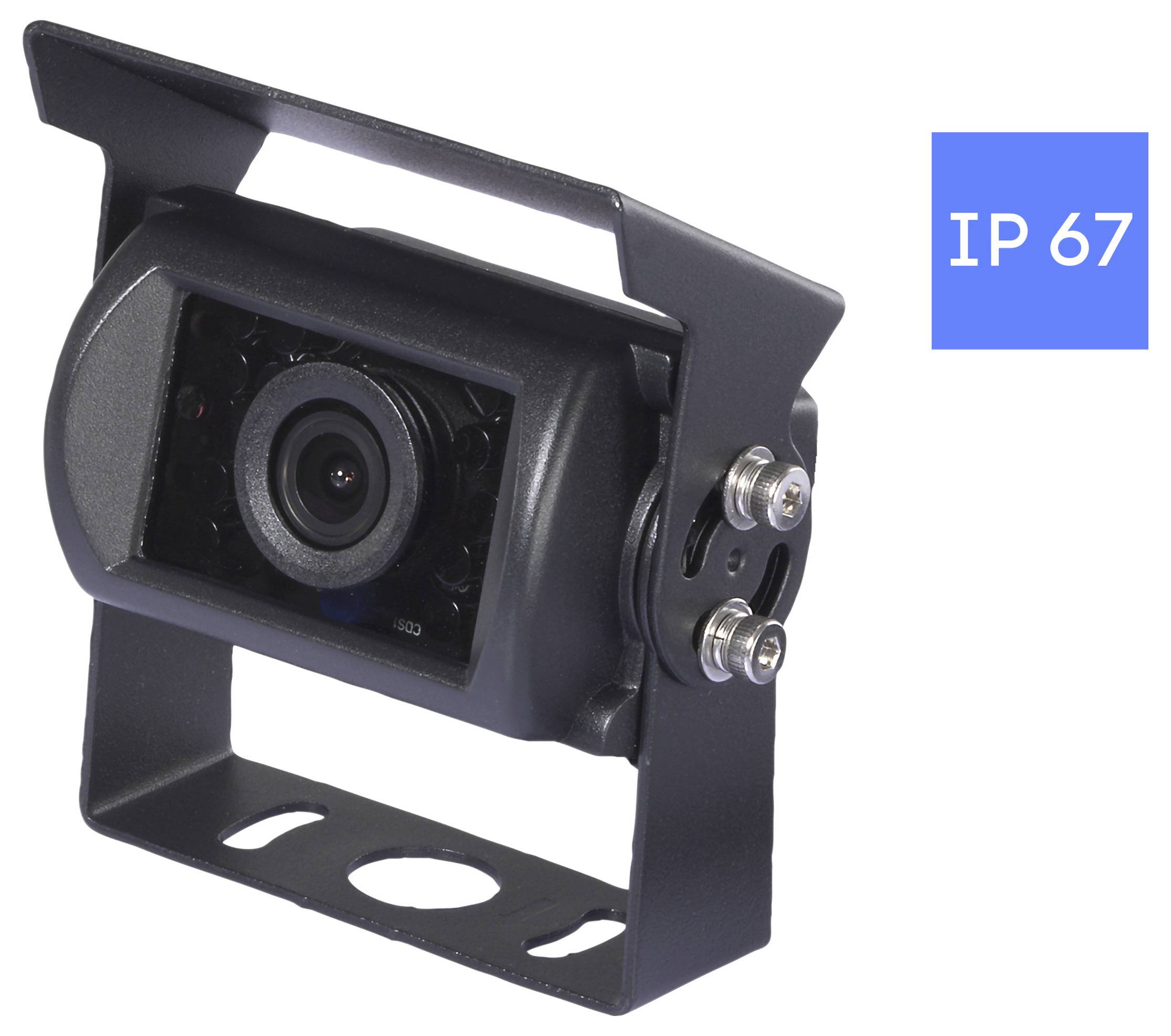 A black security camera with a semi-circular frame, mounted on a bracket. 'IP 67' is displayed in the top right, indicating water and dust resistance.