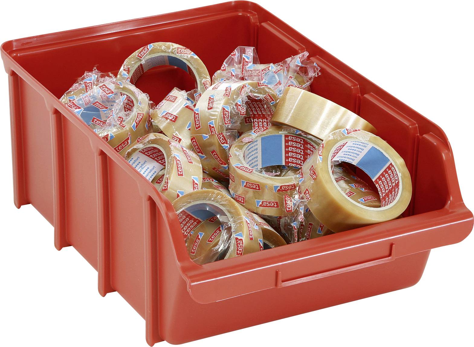 'A red container filled with multiple rolls of transparent adhesive tape, each individually wrapped in plastic packaging.'