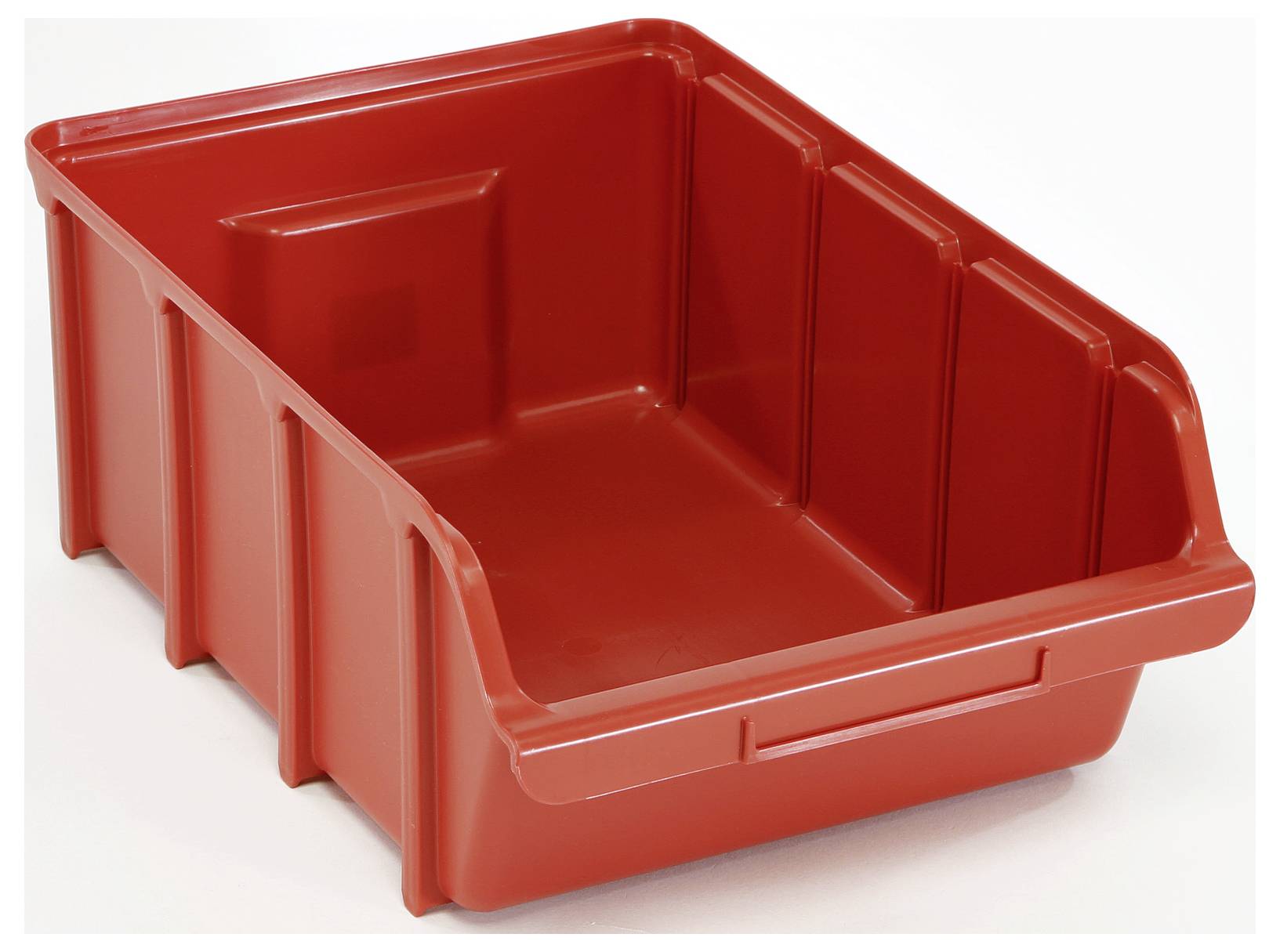 A red plastic storage bin with raised sides, designed for holding and organizing small items in a workshop or storage area.