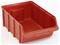 A red plastic storage bin with raised sides, designed for holding and organizing small items in a workshop or storage area.