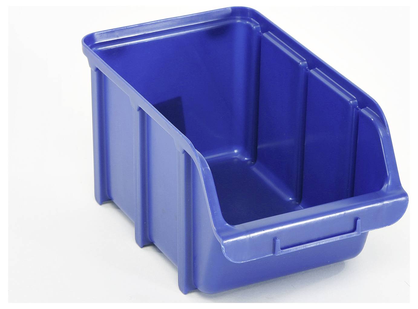 A blue plastic storage bin with a shallow front opening and ridged sides, designed for organizing and storing small items or tools.