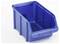 A blue plastic storage bin with a shallow front opening and ridged sides, designed for organizing and storing small items or tools.