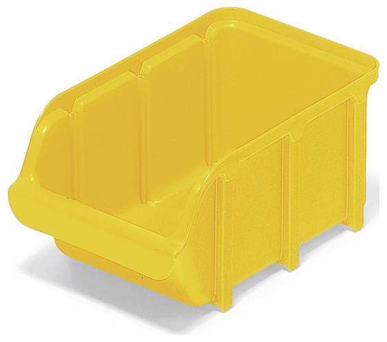 A yellow plastic storage bin with an open front for easy access to stored items, typically used for organizing small parts or tools.