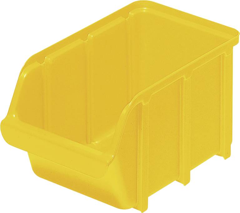 A bright yellow plastic storage bin with no visible contents, viewed from an angle above, showing its open front and side walls.