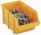 An orange storage bin filled with several metal cam locks for woodworking and cabinetry. The locks have a round shape with various fittings.