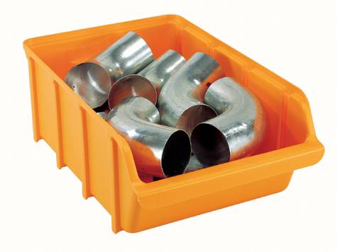 An orange plastic bin filled with several metal pipe elbows arranged haphazardly. The bin's sides are slightly curved inward.