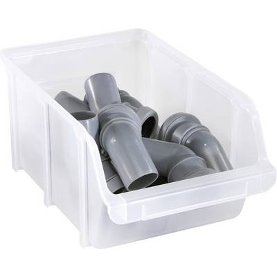 A clear plastic storage bin filled with gray PVC pipe fittings, used for plumbing or irrigation.