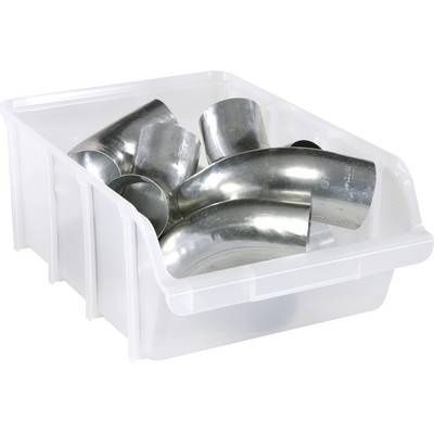 A white plastic bin containing several shiny metal pipe elbows, used for connecting plumbing or ventilation systems.