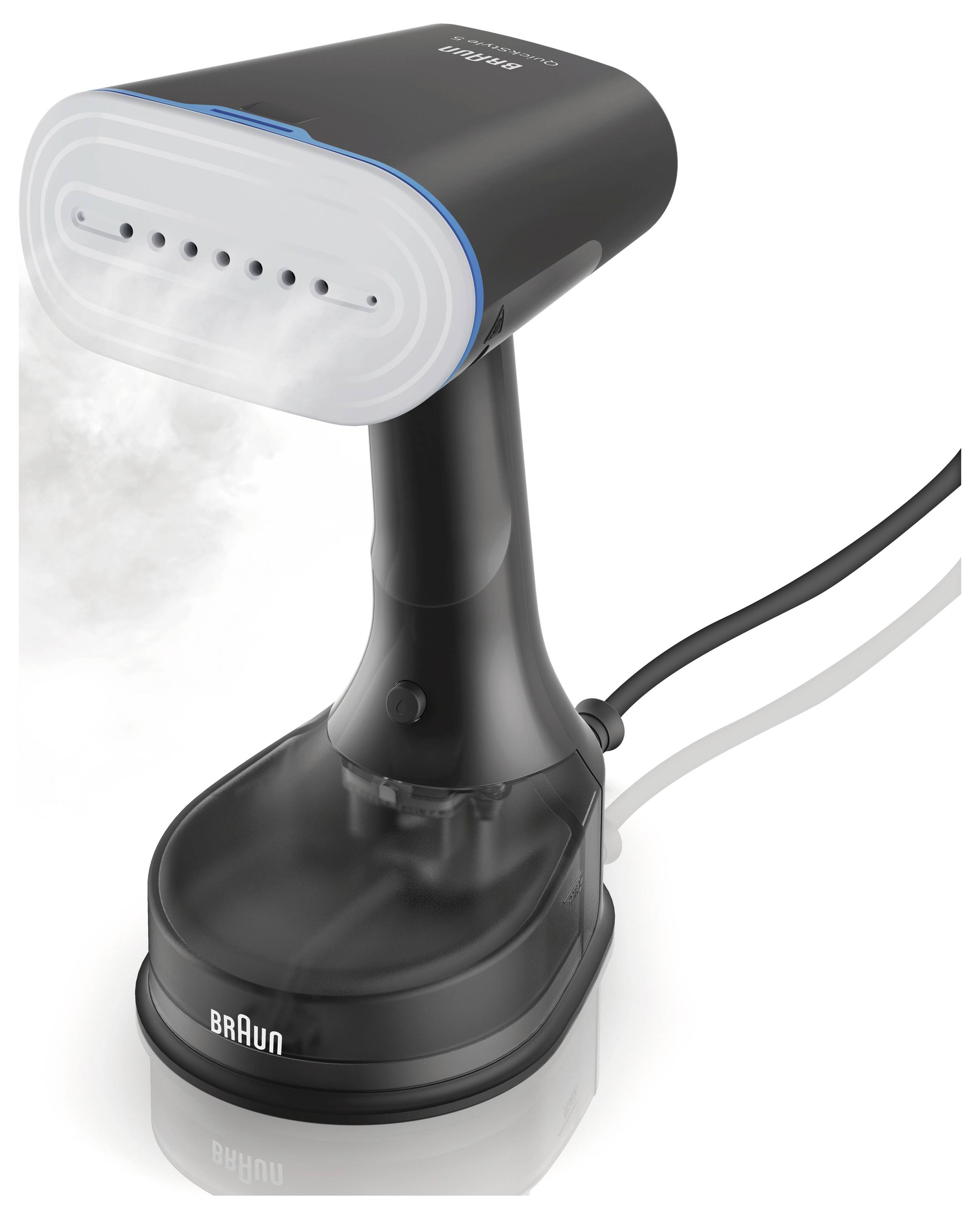 A handheld fabric steamer emitting steam, designed for smoothing out wrinkles in clothing. The device is black with a visible brand logo.