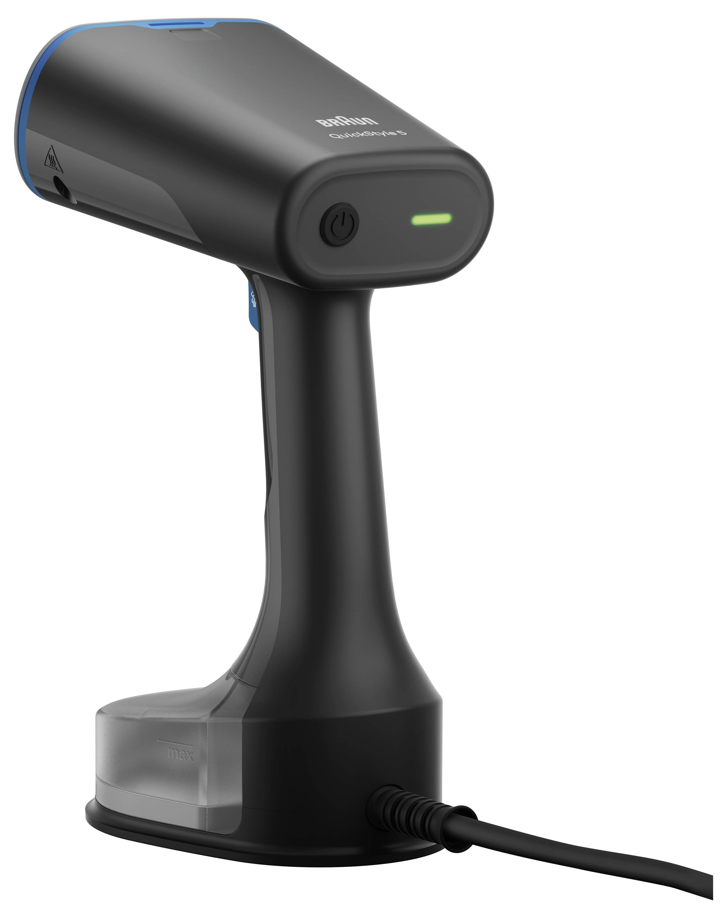 A handheld garment steamer with a black body, power button, and indicator light. It has a water reservoir at the base and a cord attached.