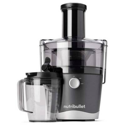 Nutribullet juicer with a detachable container; features a single dial for power settings.