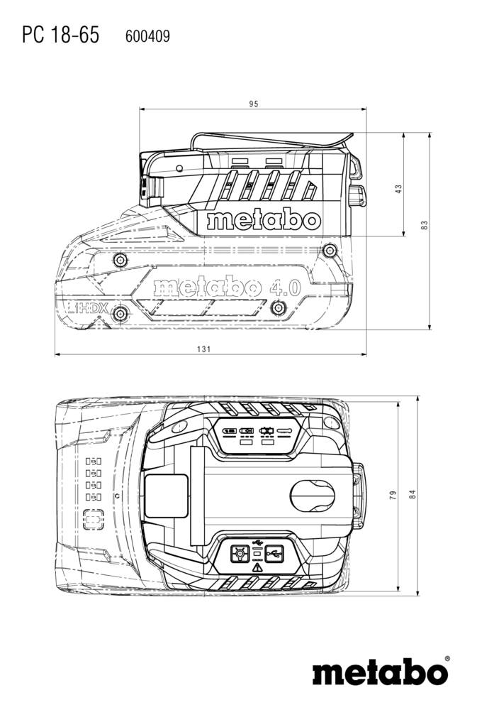 Technical drawing of a Metabo PC 18-65 battery showing dimensions: 95mm height, 131mm length, including design details and branding.
