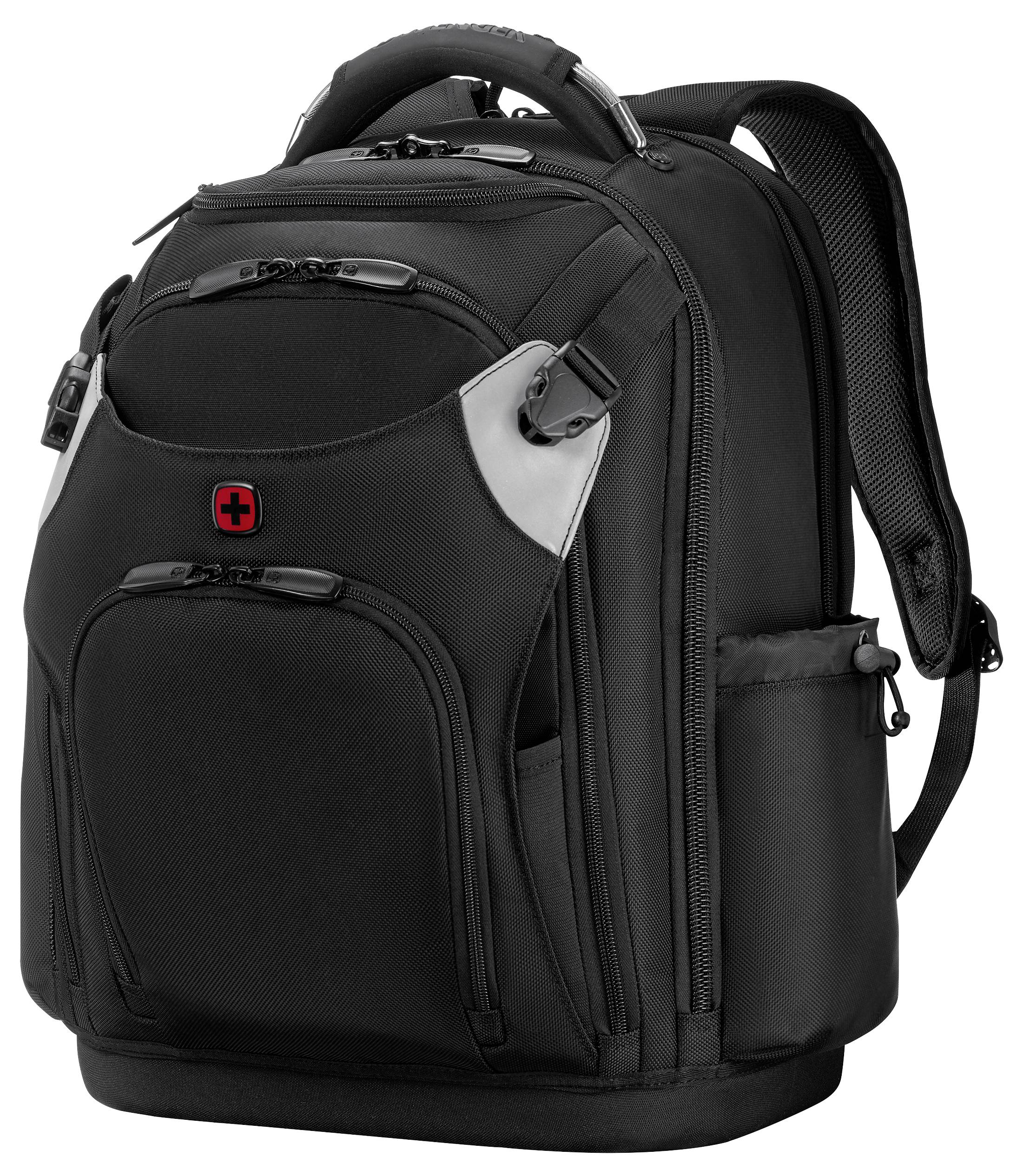 A black backpack with a red cross logo on the front, featuring multiple compartments and padded straps.