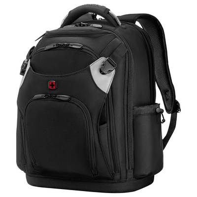 A black backpack with a red cross logo on the front, featuring multiple compartments and padded straps.
