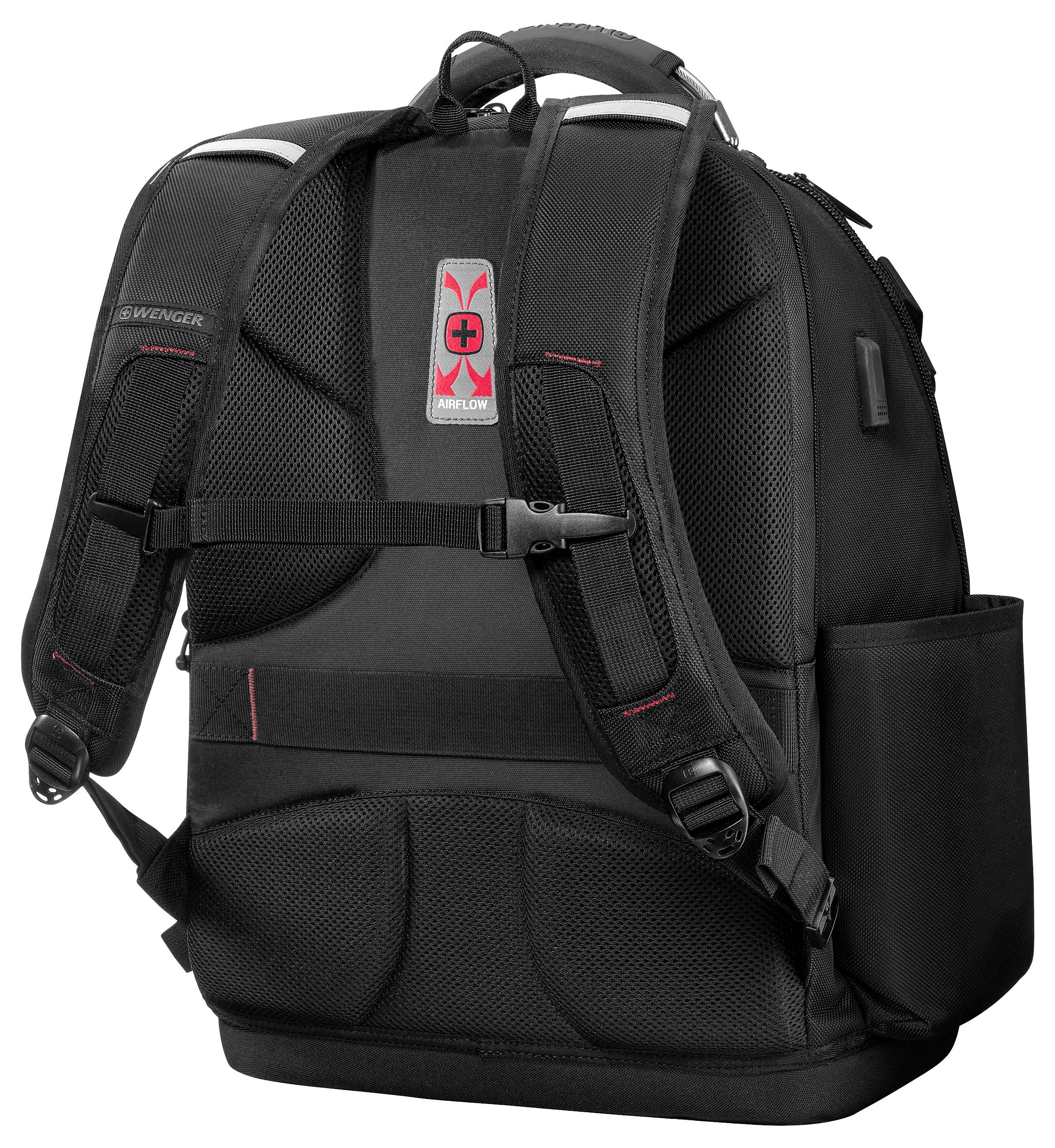 Black backpack with padded straps and back, featuring red accents and a side pocket. Designed for comfort and functionality.