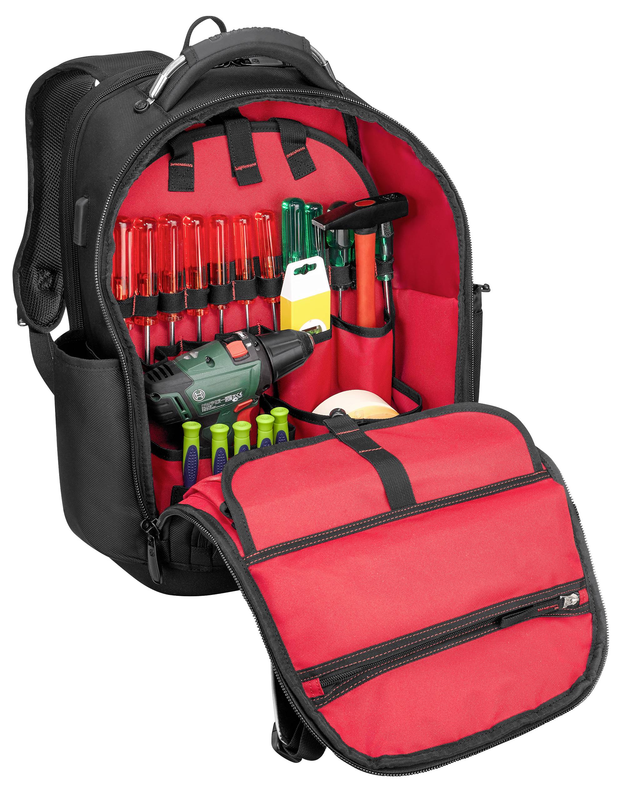 An open tool backpack showing organized compartments with various tools including a drill, screwdrivers, and pliers.