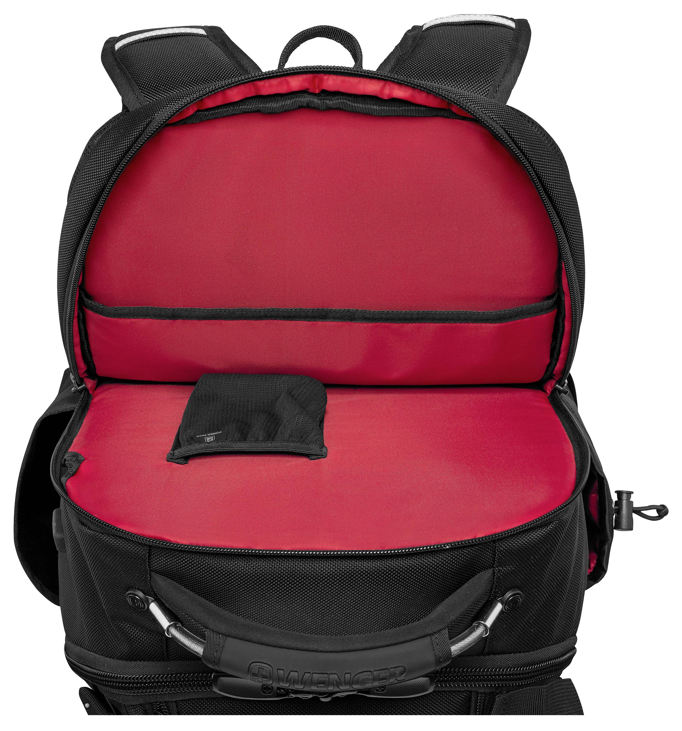 Open black backpack with bright red interior, showing a small pocket inside the flap. Its shoulder straps are visible at the top.