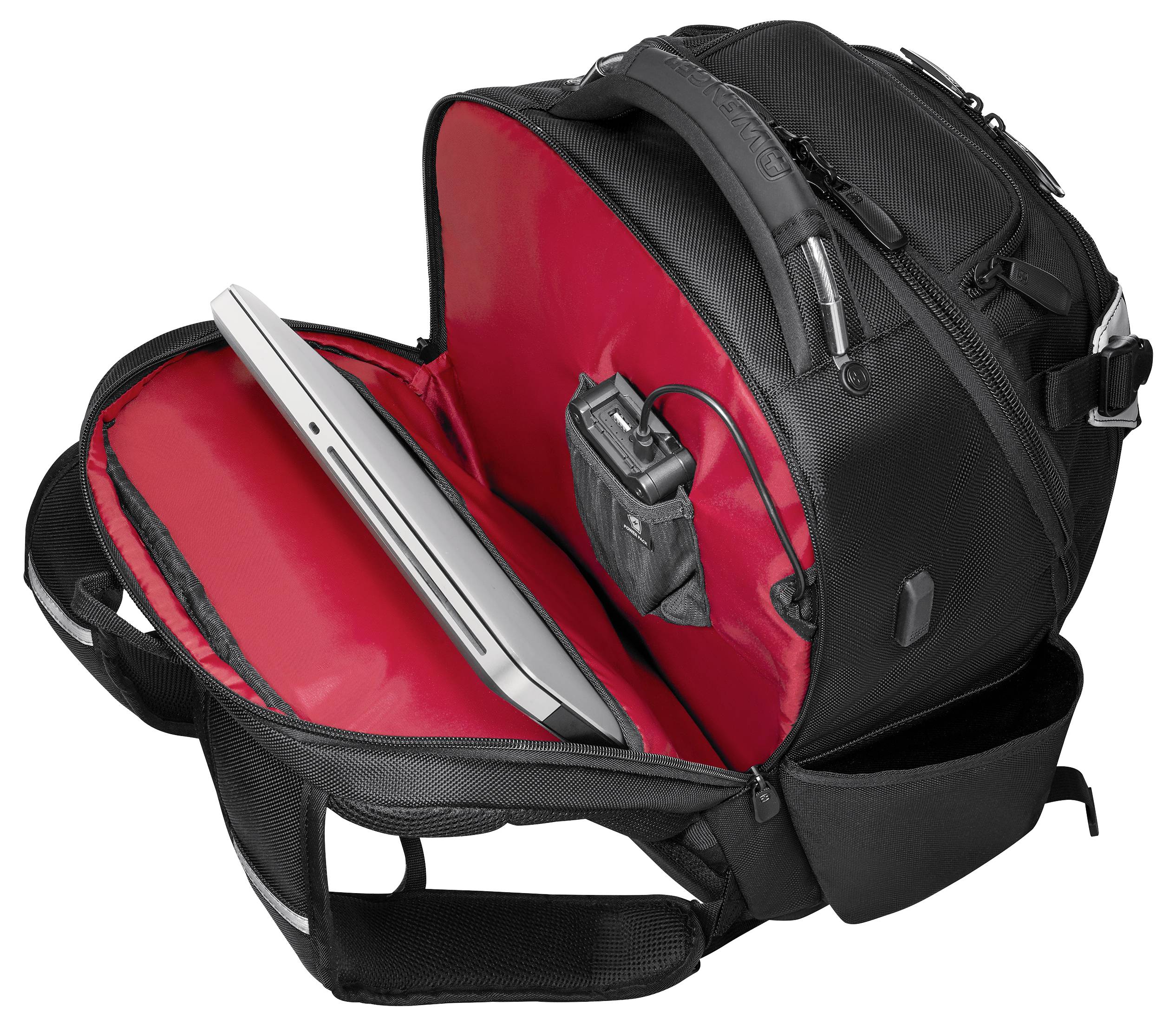 An open black backpack with a red interior holds a laptop and a charging device, illustrating the bag's tech-friendly design.