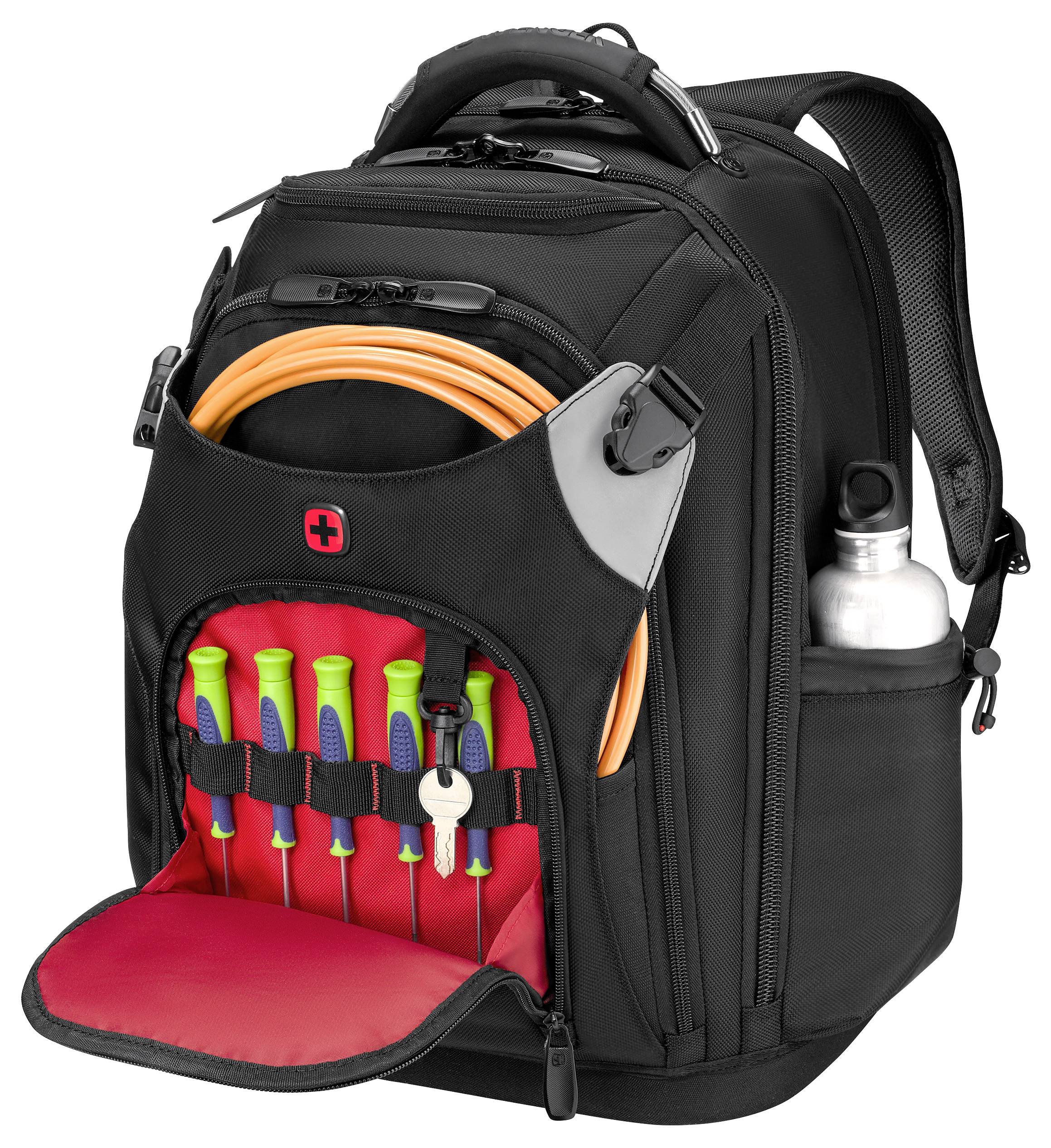 A black backpack with red interior holds neatly organized tools, including screwdrivers and a keyring. A water bottle is in the side pocket.