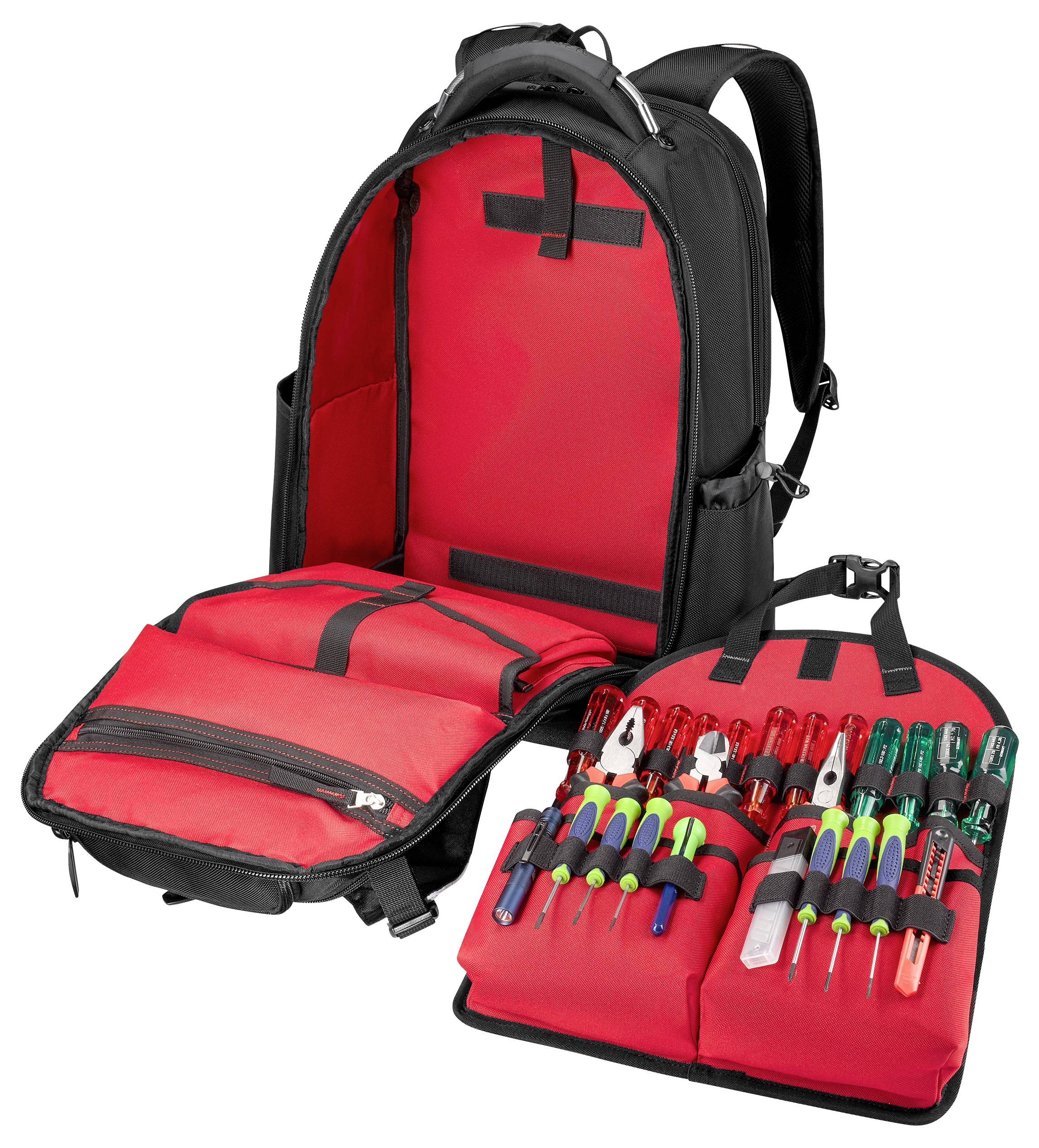 A black and red backpack designed for tool storage is fully opened, showing multiple pockets and various hand tools organized inside.