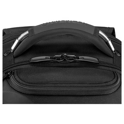 Close-up view of a zipper and handle on a black fabric backpack.