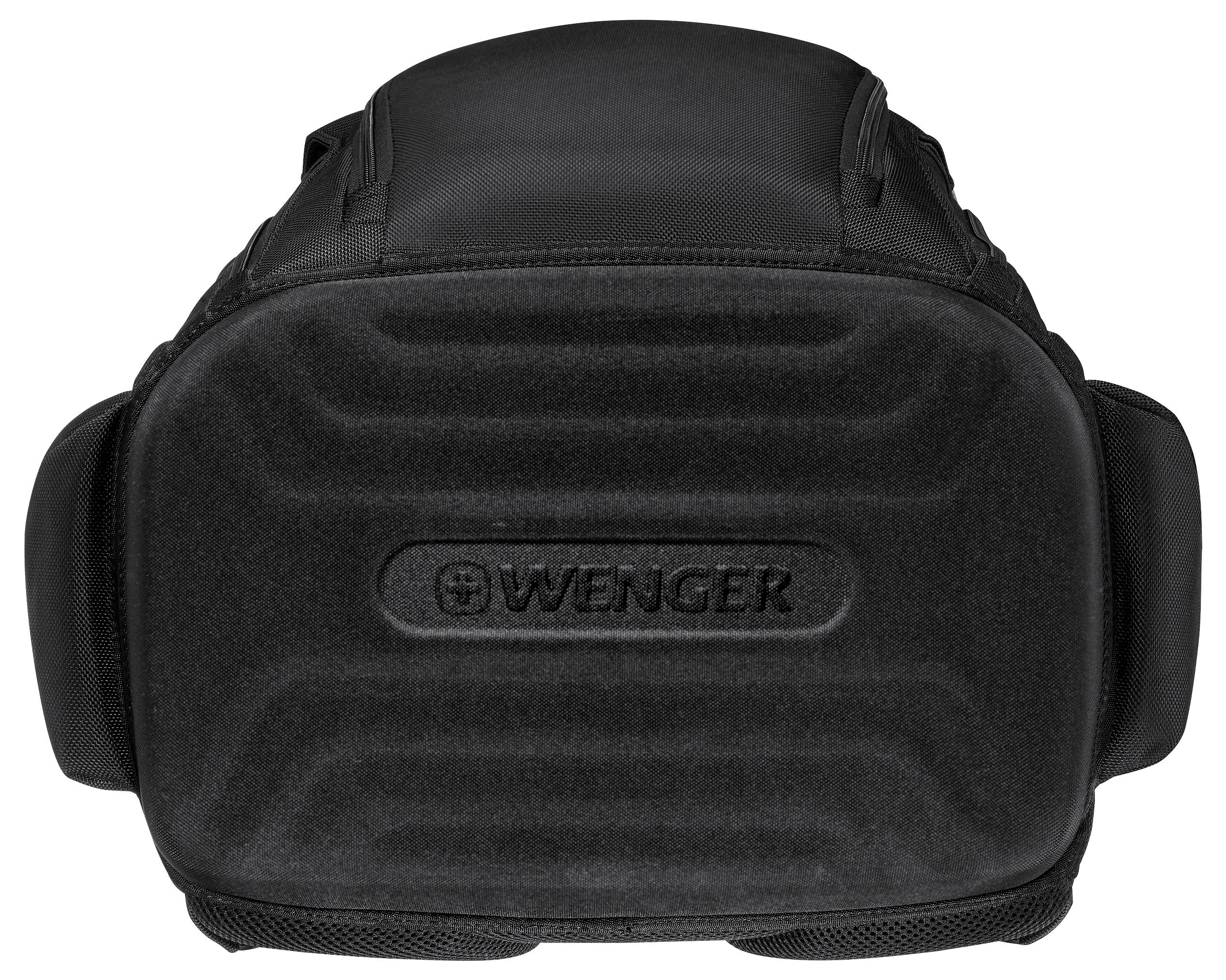 A black rectangular backpack with 'WENGER' embossed on the back panel. Side and top handles visible against a white background.
