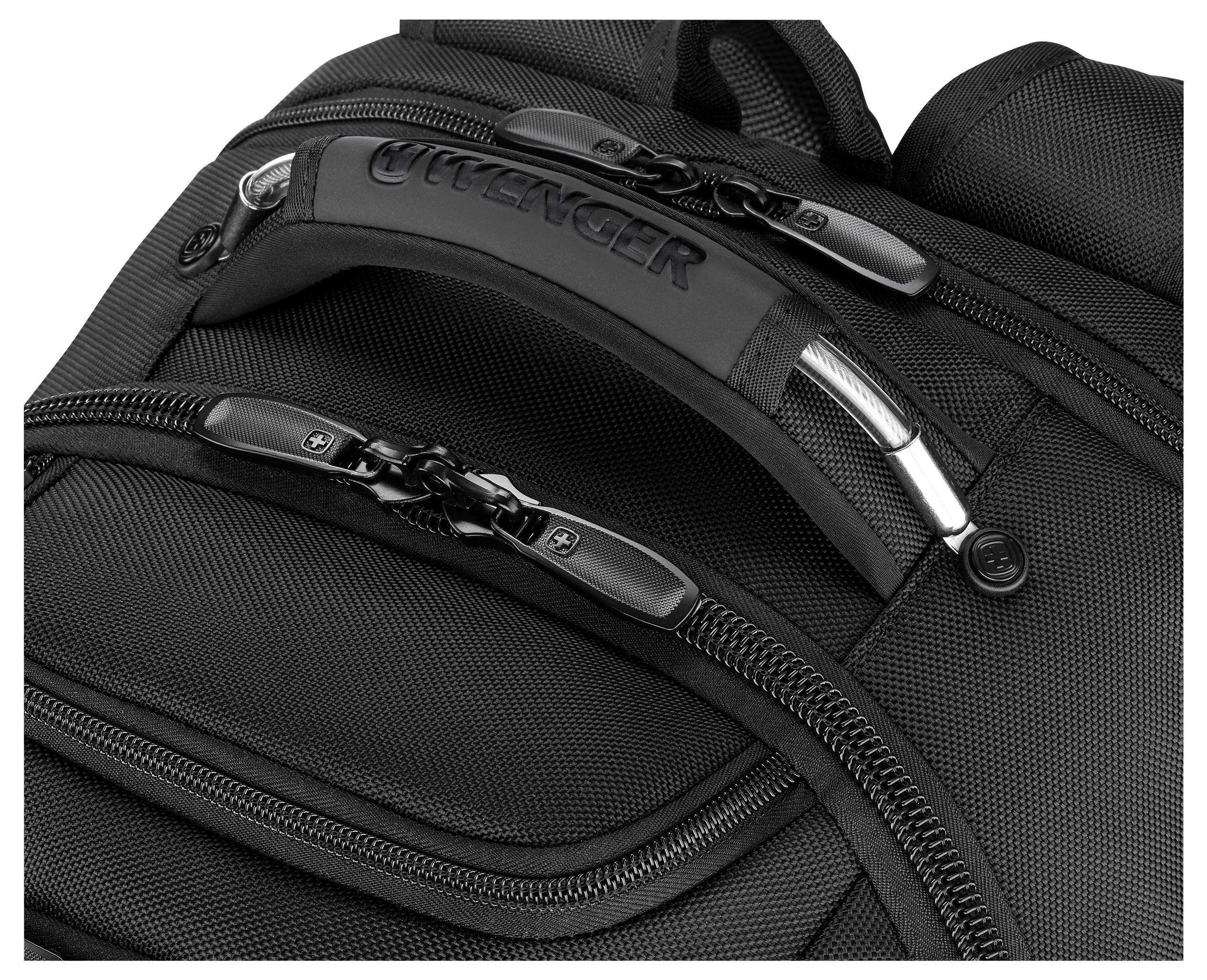 Close-up of a black backpack featuring durable handles and sturdy zippers, ideal for travel or daily use.