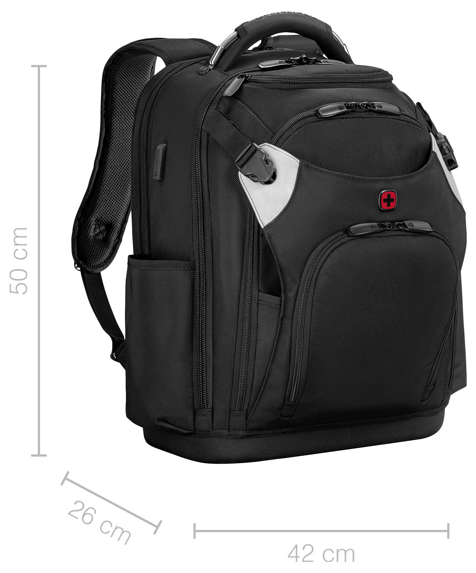 'Black backpack with padded straps, multiple zippered compartments, and a red cross logo, dimensions: 50 cm high, 42 cm wide, 26 cm deep.'