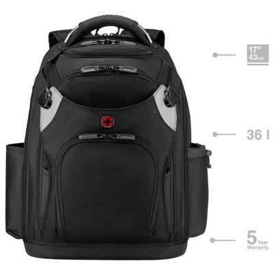 Black backpack with Swissgear logo, dimensions 17" (43 cm) in height, 36 liters capacity, featuring a side pocket. Includes a 5-year warranty.