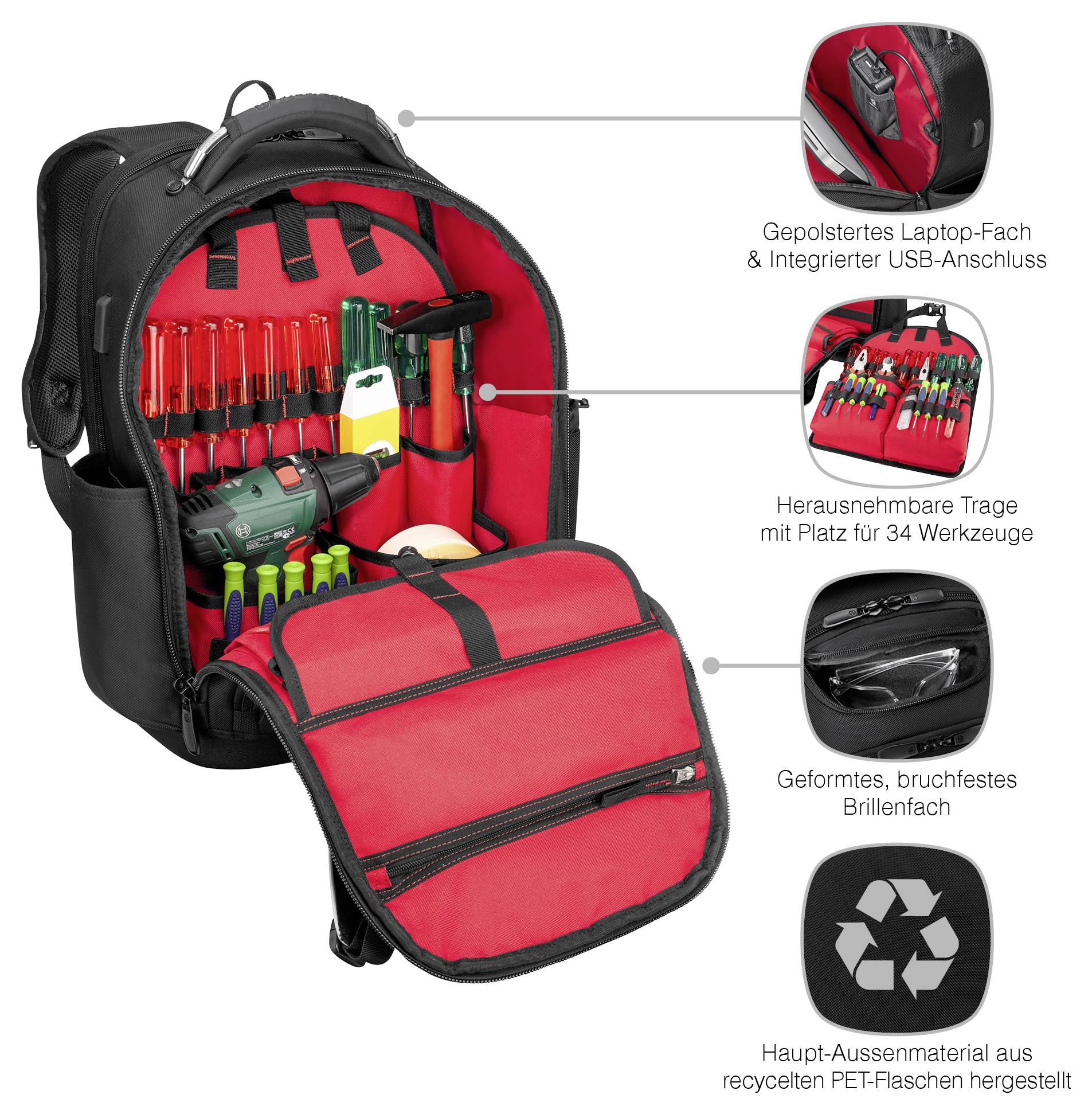 A black and red backpack open to show tool organization. It features a padded laptop compartment, USB port, and space for 34 tools. Made from recycled PET bottles.