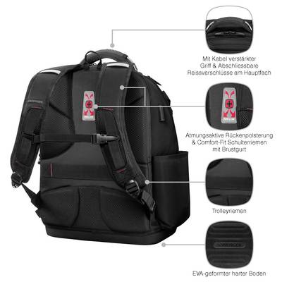 A black backpack with multiple compartments is shown from a side and rear view. It features descriptions of a reinforced handle, breathable back padding, trolley strap, and an EVA-shaped hard bottom. Key focus on durability and comfort. Text is in German.