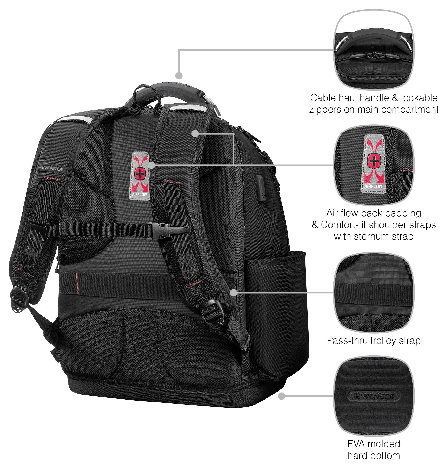 Black backpack with cable haul handle, lockable zippers, air-flow back padding, comfort-fit shoulder straps, pass-thru trolley strap, and EVA molded hard bottom.