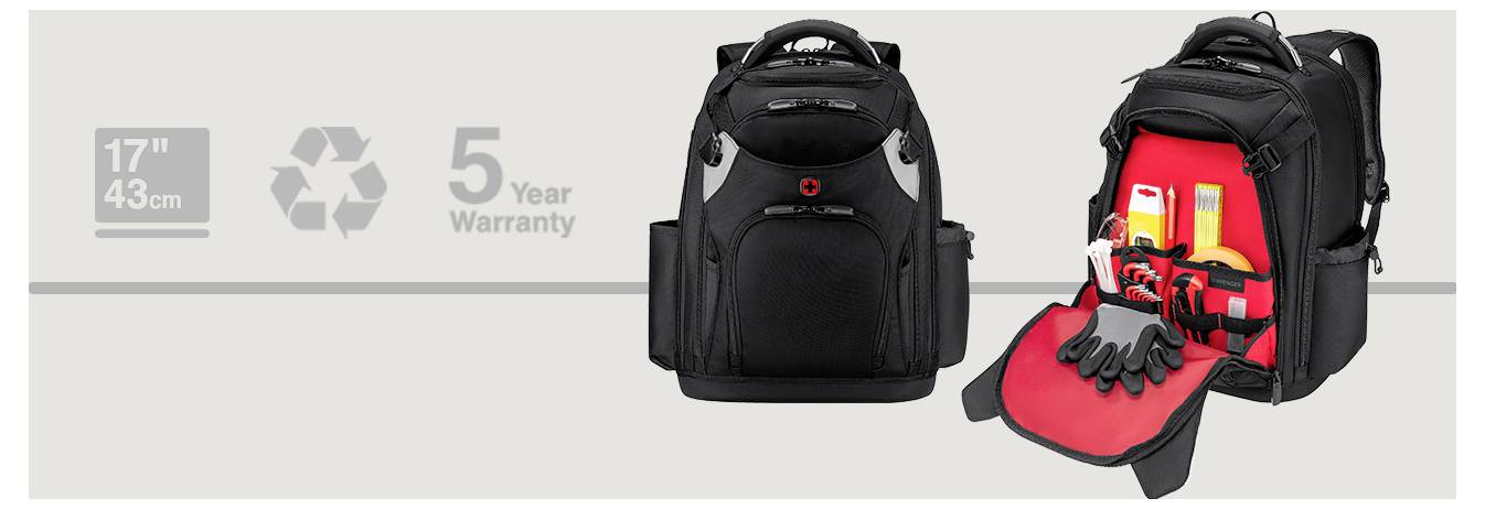 Black backpack suitable for 17" (43 cm) laptops with various compartments visible. Features a 5-year warranty and a recycle symbol.