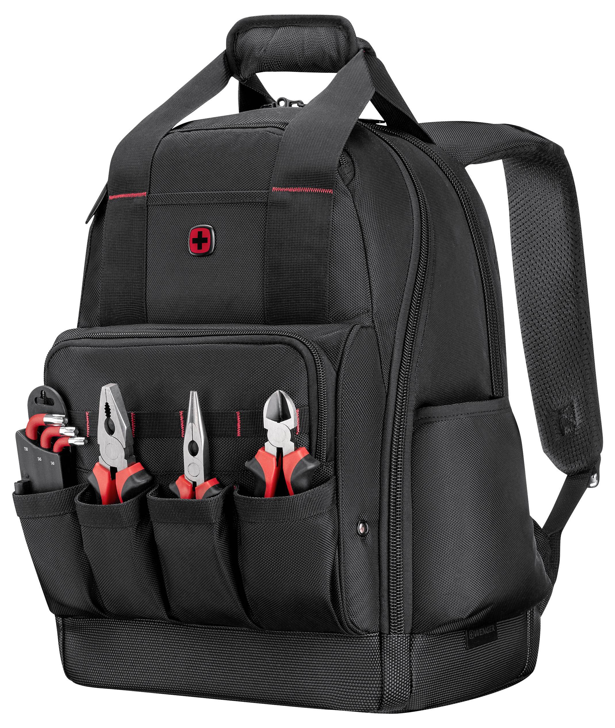 A black backpack with multiple pockets, visibly containing tools such as pliers, a wrench, and a screwdriver in the front pockets.