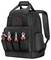 A black backpack with multiple pockets, visibly containing tools such as pliers, a wrench, and a screwdriver in the front pockets.