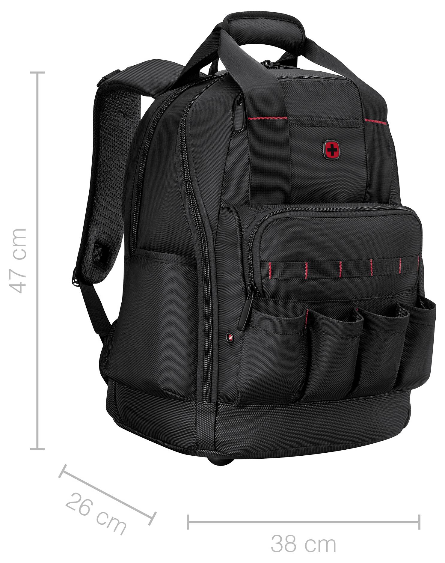 A black backpack with red accents, featuring multiple exterior pockets. Dimensions indicated: 47 cm tall, 38 cm wide, 26 cm deep.