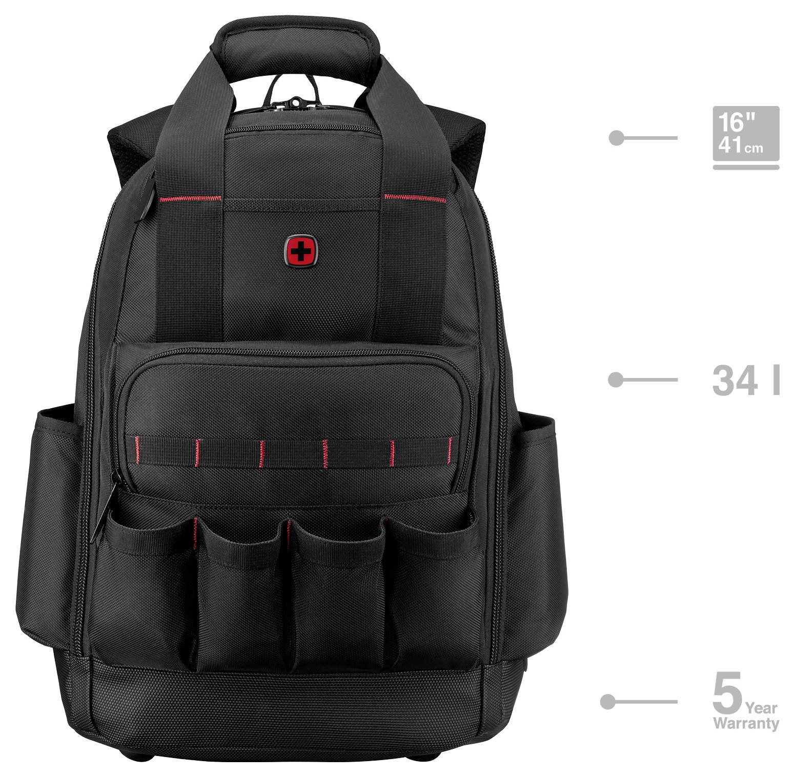 A black backpack with multiple pockets and straps, featuring a red cross logo. Descriptive labels indicate its height of 16" (41 cm), capacity of 34 liters, and a 5-year warranty.