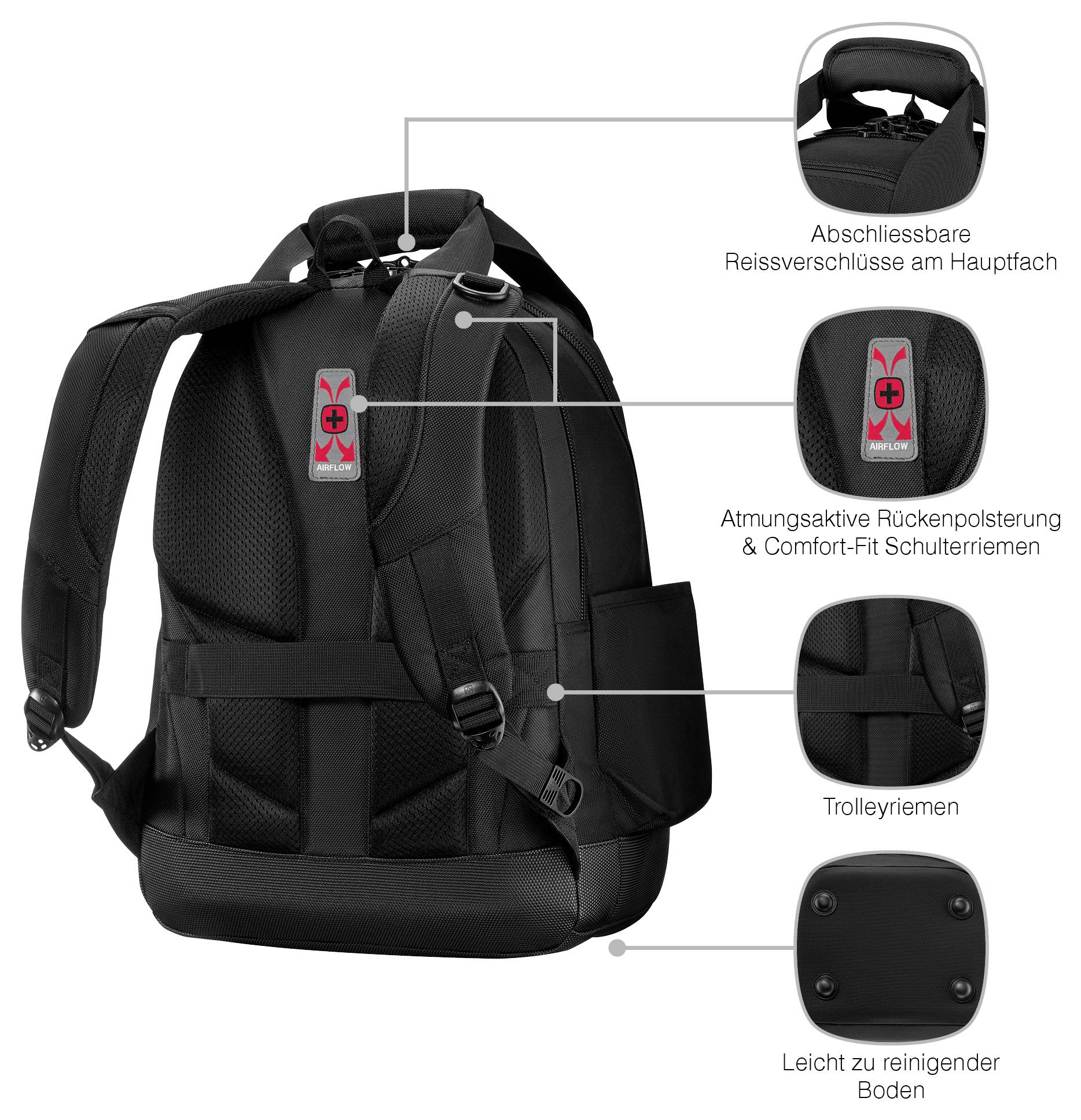 A black backpack with features highlighted: lockable zippers, breathable padding and comfort-fit shoulder straps, trolley strap, easy-clean base.