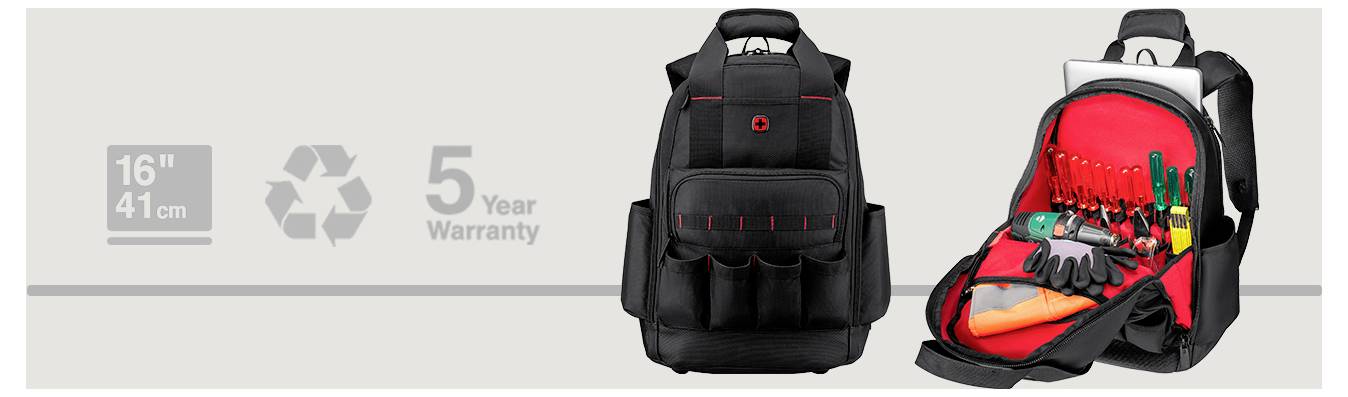 A black tool backpack with multiple compartments, shown closed and open, displaying tools. Icons indicate '16" 41cm', recycling, and '5 Year Warranty'.