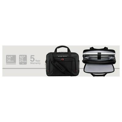 A black laptop bag shown with a carrying handle and strap, fits laptops up to 14" / 36 cm, with a 5-year warranty display.