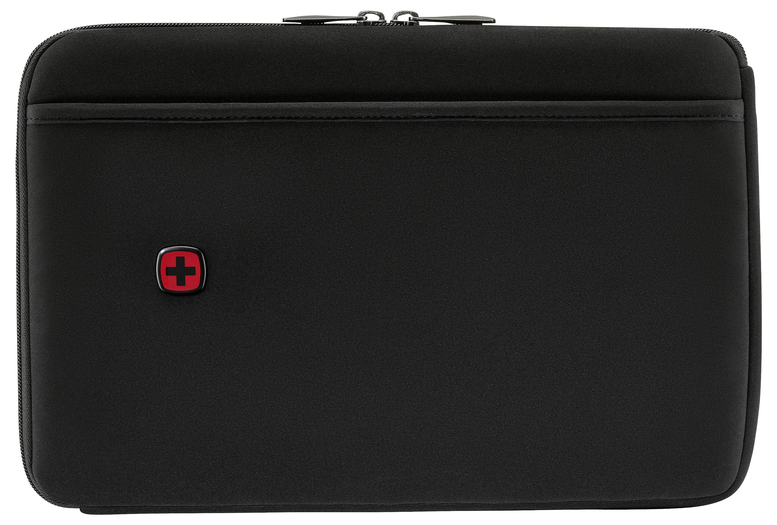 Black laptop sleeve with red cross emblem, featuring a zip closure on top.