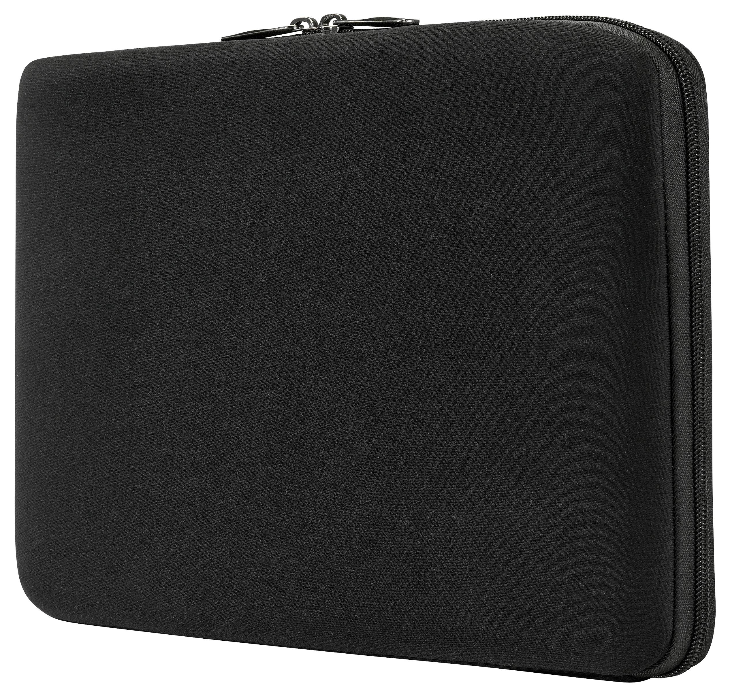 A black zippered laptop sleeve with soft sides, designed to protect devices during transport.