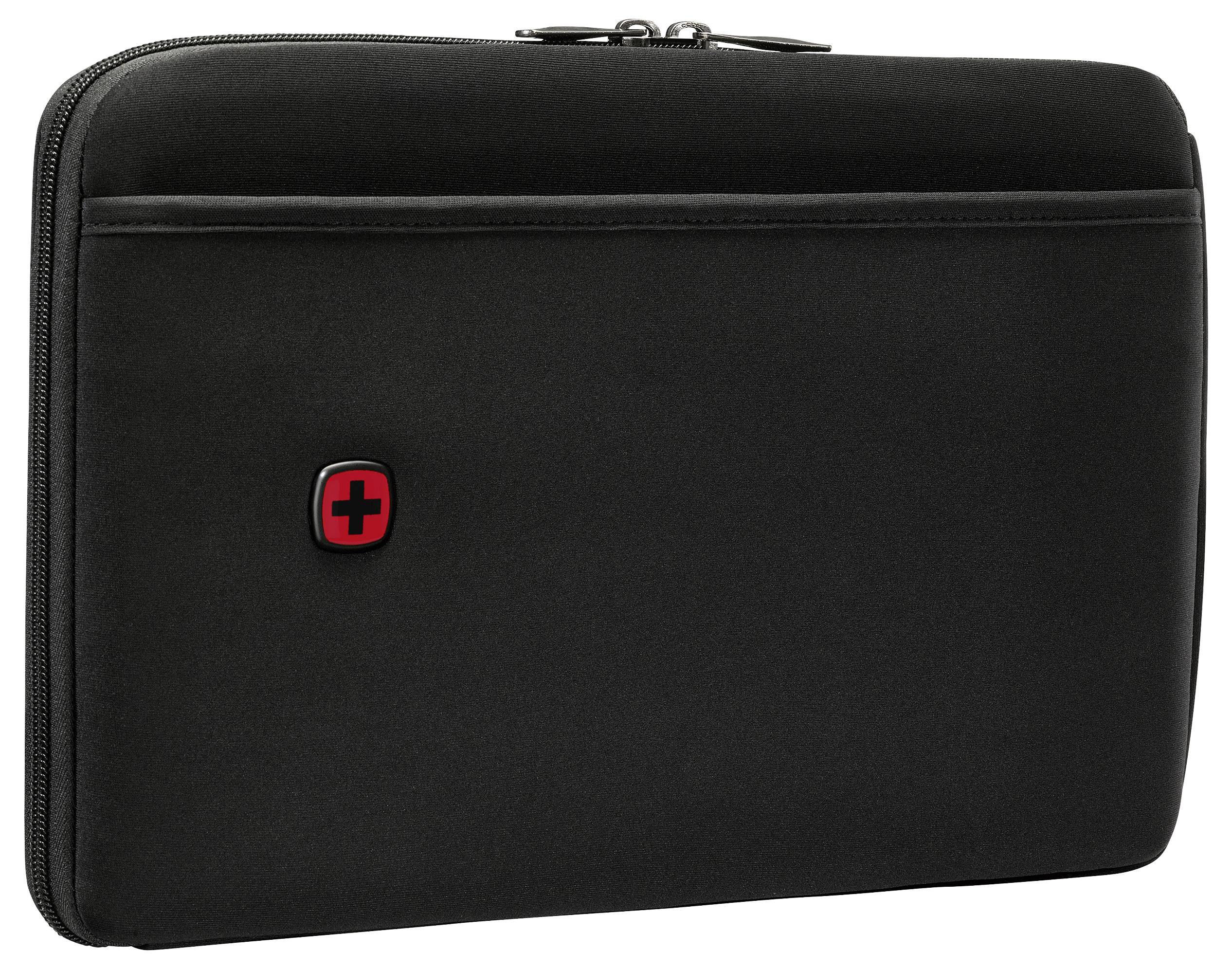 A black laptop sleeve with a red and black emblem, featuring a plus sign.