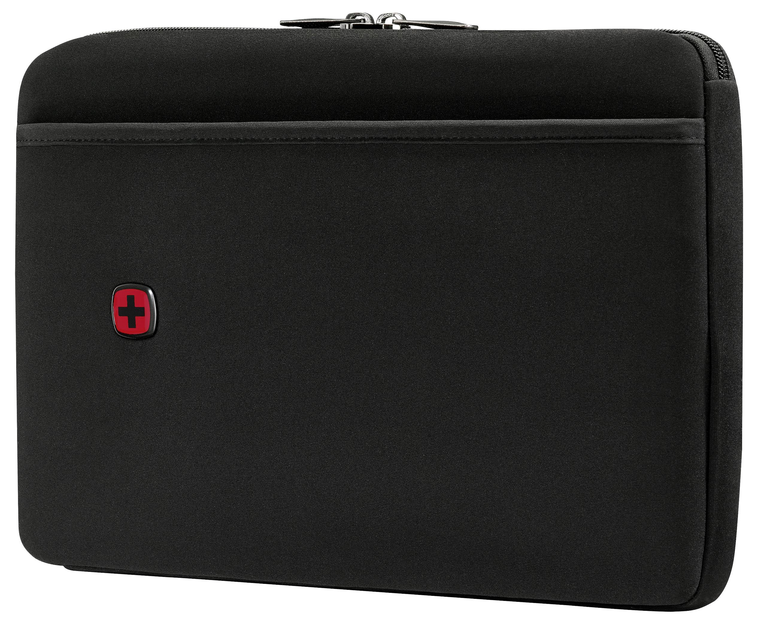 Black laptop sleeve with a red cross logo in the center.