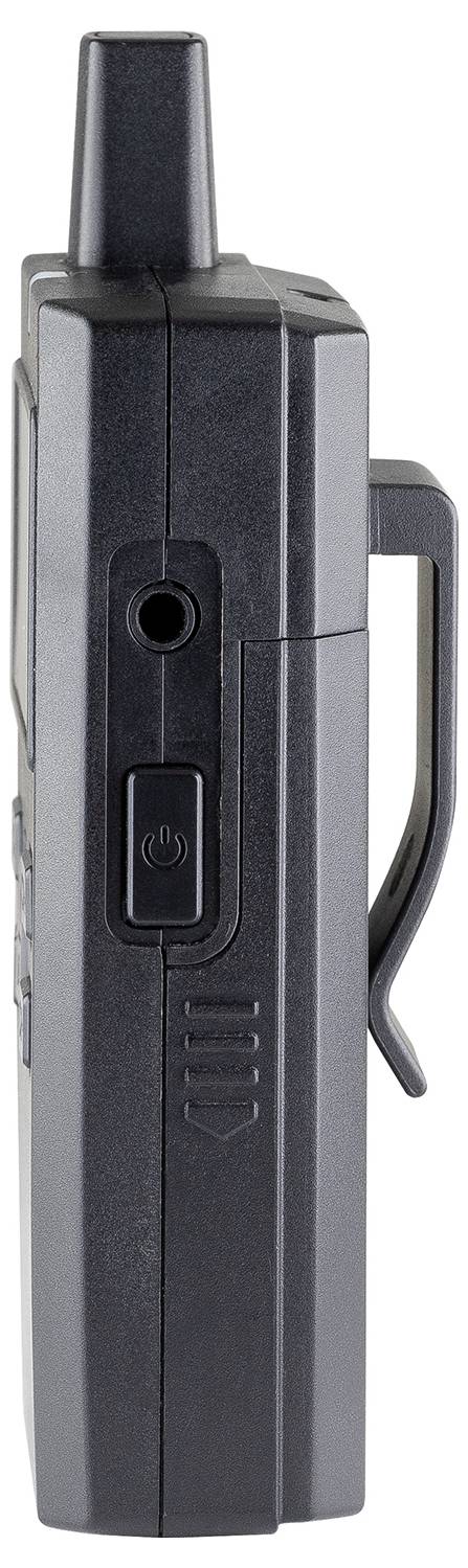 A black walkie-talkie viewed from the side, showing the antenna, a power button, and a clip attached to its side.